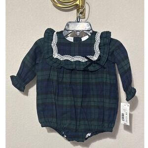 NWT Edgehill‎ Collection Plaid Romper 3M Green Black Watch Lace Ruffle Holiday